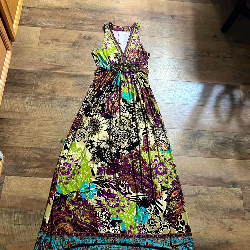 A long, colorful, maxi dress